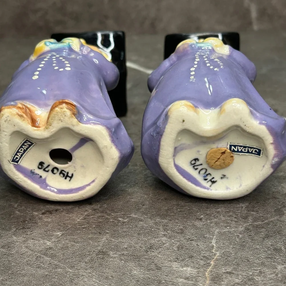 Vintage Japan Ceramic Monk Salt and Pepper Shakers Purple H9079 Mid Century Set